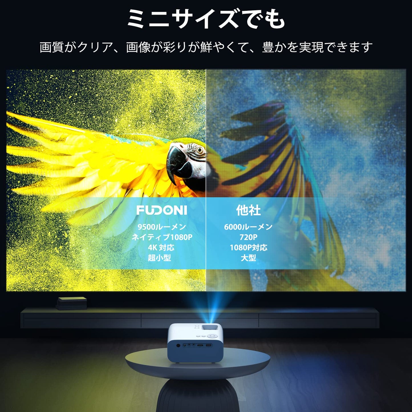 プロジェクター 超小型 家庭用 9500LMフルHD 1080P 4K対応【技術革新版&卓上三脚付属 】ホームプロジェクター 300"大画面 Hi-Fiスピーカー内蔵 台形補正 ズーム機能 スマホ/タブレット/PC/TV Stick/DVD/PS4/PS5/ゲーム機接続可 360°回転天井吊り可 ミニプロジェクター コンパクト モバイル ホームシアター 投影 HDMIケーブル/AVケーブル/リモコン 日本語取扱説明書 (灰色)