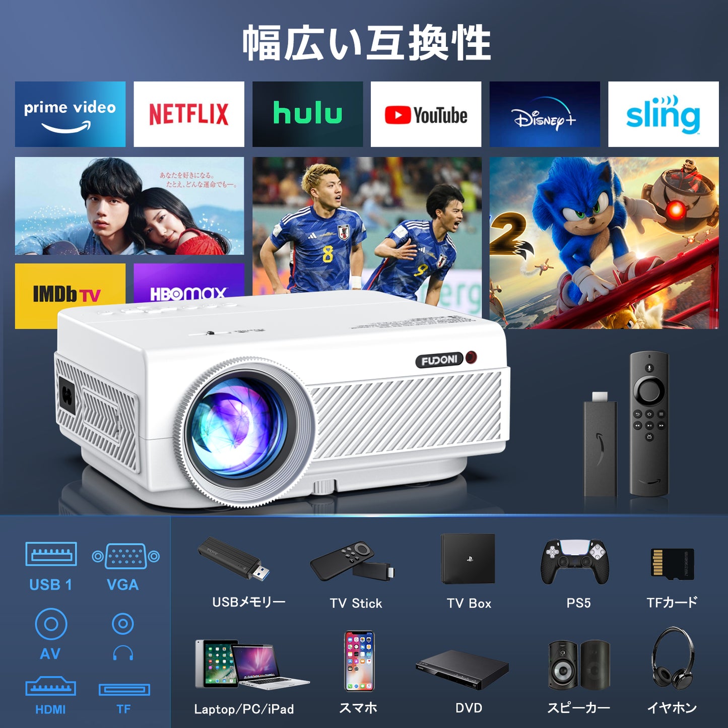 プロジェクター天井 小型 投影 WiFiとBluetooth搭載 5G WiFiネイティブ 1080P 9500L 4K対応 FUDONI ポータブル屋外プロジェクター スクリーン付き ホームシアタープロジェクター HDMI/USB/VGA/PC/TVボックス/iOS/Androidフォン対応