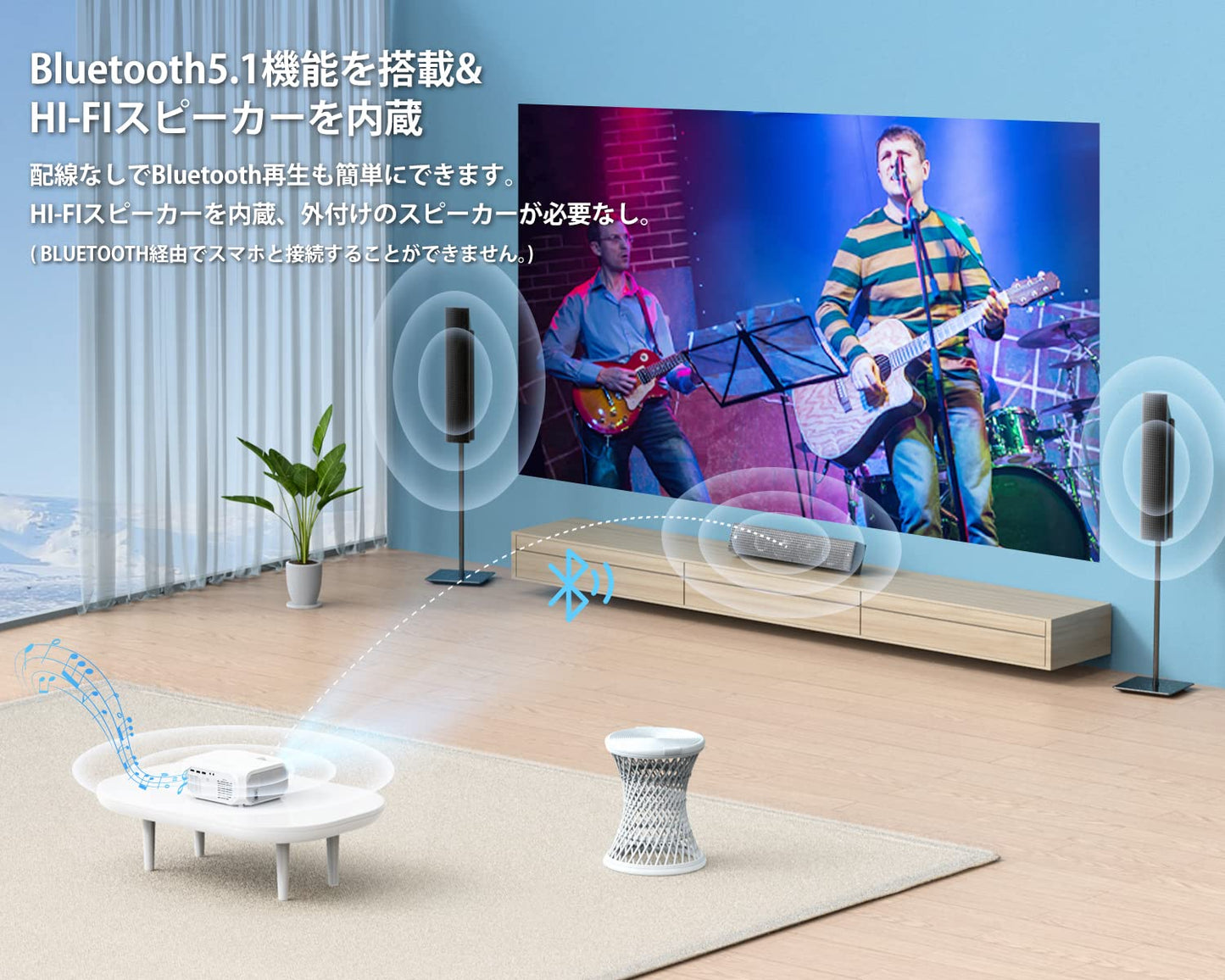 プロジェクター 小型 【400ANSIルーメン&テレビ代わり&専用スクリーン付き】 5G&2.4Gwifi 1080P 4K対応 ホームプロジェクター 家庭用プロジェクター フルHD 300インチ大画面 Bluetooth5.1 8W HIFIピーカー ズーム機能 台形補正 パソコン/タブレット/iPhone/TV Stick/PS3/PS4ゲーム機/DVDプレイヤー接続可 projector 家庭用/ビジネス/ホームシアター/誕生日ギフト/プレゼント (ホワイト＋ブルー)