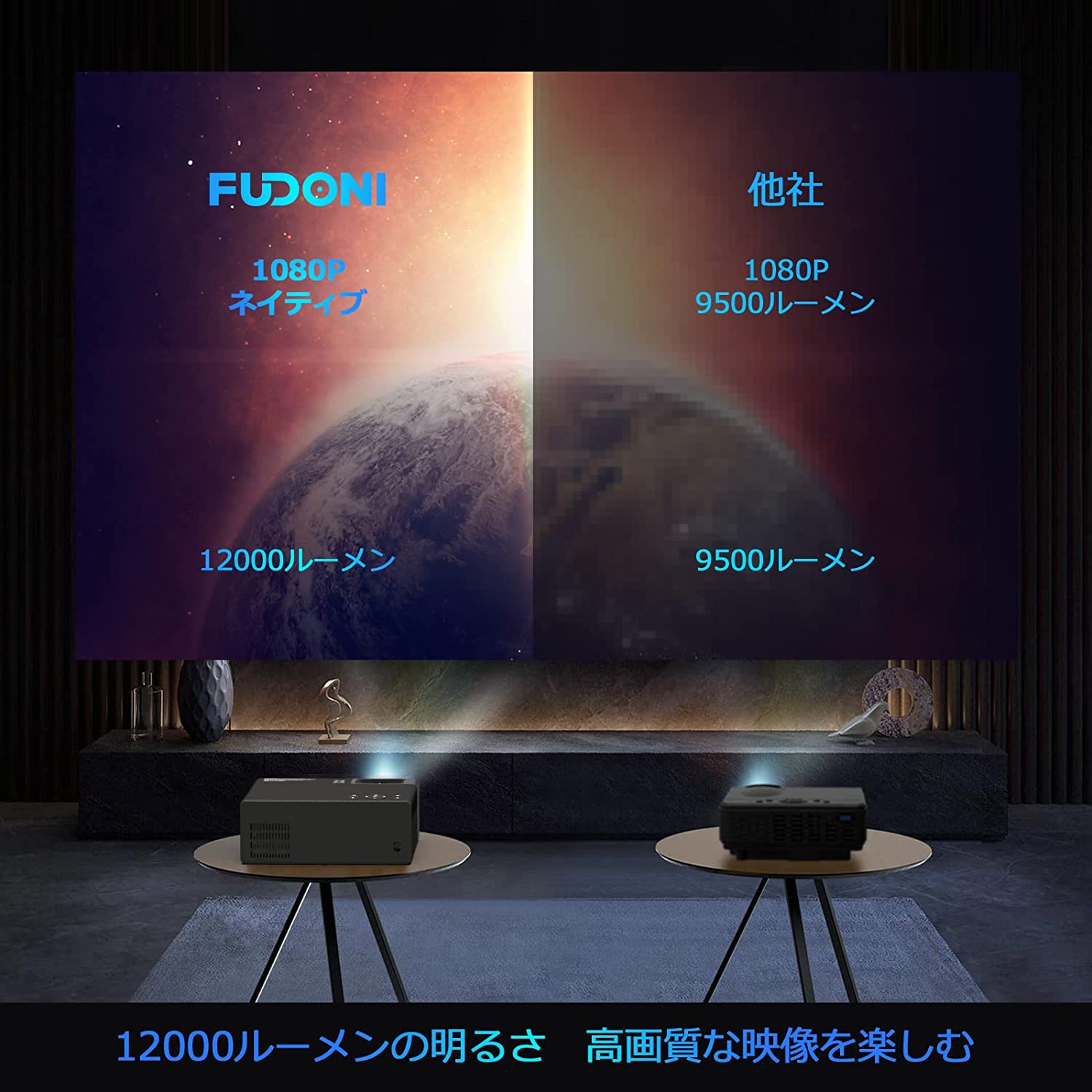 FUDONI プロジェクター 小型 家庭用 ホームプロジェクター 12000LM Wi-Fi Bluetooth5.0 フルHD 1080P 4K対応  高輝度 ワイヤレス接続 高画質 ホームシアター 300