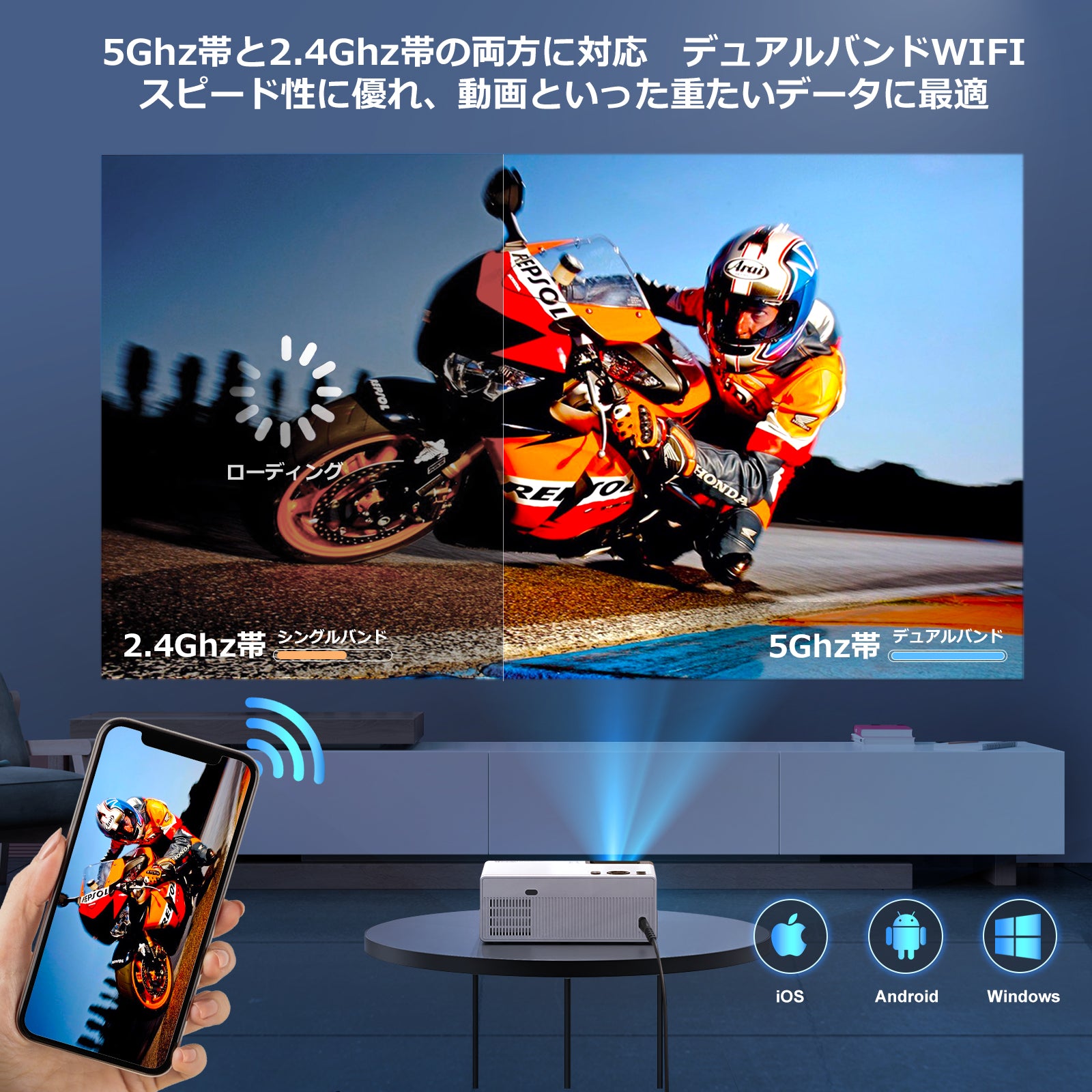 プロジェクター Wifi 小型 6000ルーメン 720P ネイティブ解像度 1080Pフル HD 対応 スピーカー内蔵携帯電話の無線 有線 - 4